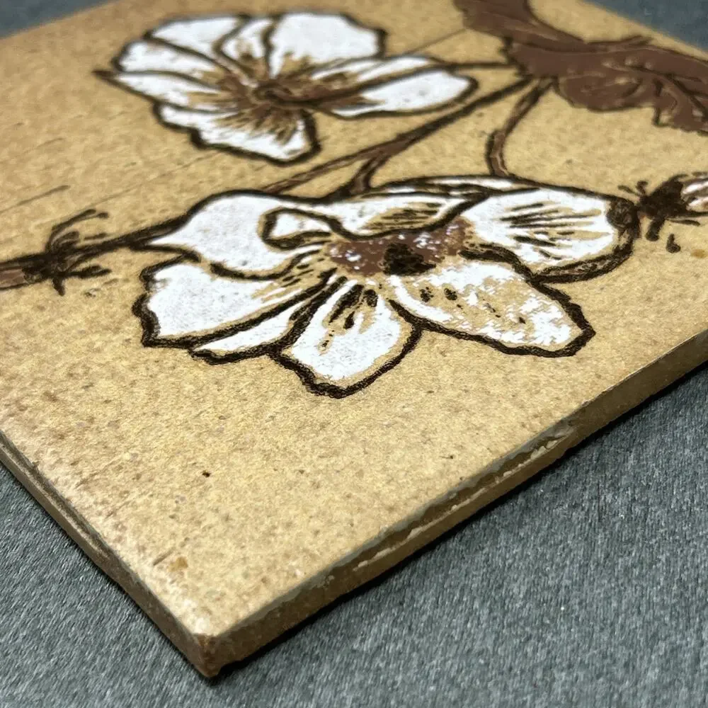 Vintage Ceramic Tile Trivet Brown Yellow Flowers 6